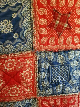 Cabin Vintage Look Bandana Rag quilt RED WHITE BLUE Handmade 45 X 75 5