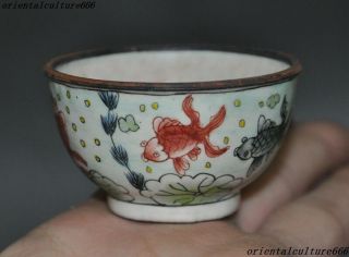 Old Chinese Bronze Cloisonne Wealth Fish Goldfish Statue Small Bowl Teacup Bowls