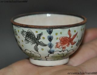 Old Chinese Bronze Cloisonne Wealth Fish Goldfish Statue small bowl Teacup Bowls 3