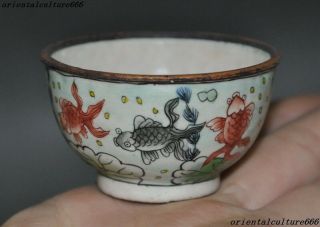 Old Chinese Bronze Cloisonne Wealth Fish Goldfish Statue small bowl Teacup Bowls 4