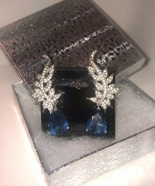 Vtg Panetta Earrings Pave Rhinestone Blue Sapphire Drop Dangle Silver Set Signed 2