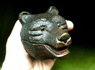 Fine Antique Black Forest Carved Bears Head Stamp Box With Two Tone Glass Eyes