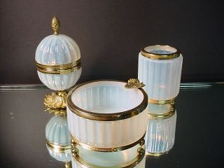 Scarce Vintage Fratelli Toso 3 Pc Opalescent Smoke Set W/ormolu Murano Eames Era