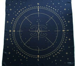 Authentic Chanel Logo Compass Geometric Print Dark Blue 100 Silk Scarf