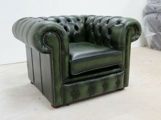 Chesterfield Low Back Tufted Buttoned Club Chair Vintage Green Leather