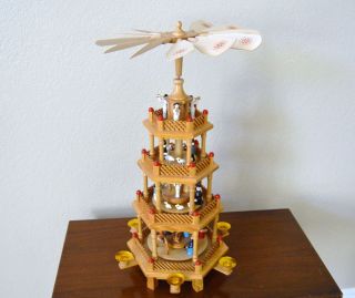 Vtg Christmas Pyramid Tower Nativity 4 Tier Wood Windmill Carousel Candle Holder