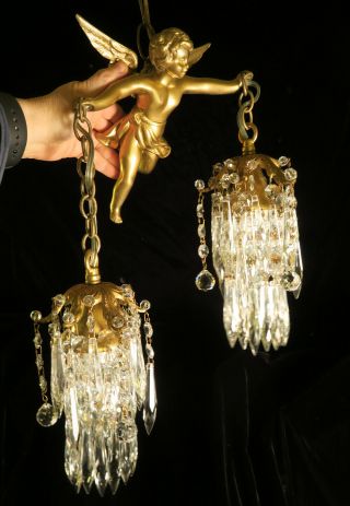 Bronze Vintage Chandelier Swag French Lamp Flying Cherub Brass Crystal beaded 10