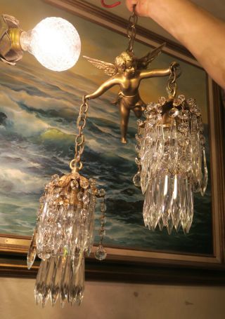 Bronze Vintage Chandelier Swag French Lamp Flying Cherub Brass Crystal beaded 11
