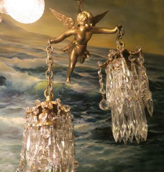 Bronze Vintage Chandelier Swag French Lamp Flying Cherub Brass Crystal Beaded