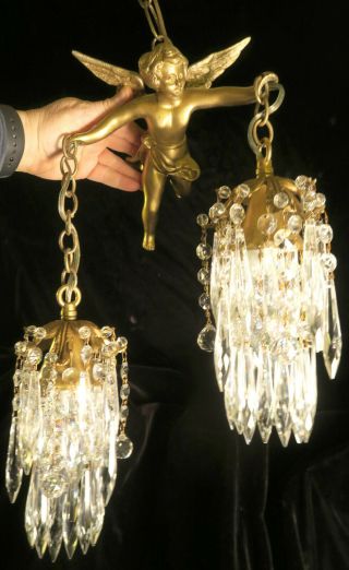 Bronze Vintage Chandelier Swag French Lamp Flying Cherub Brass Crystal beaded 2