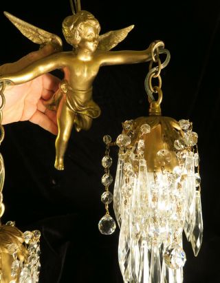 Bronze Vintage Chandelier Swag French Lamp Flying Cherub Brass Crystal beaded 3