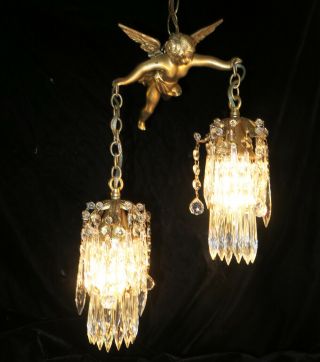 Bronze Vintage Chandelier Swag French Lamp Flying Cherub Brass Crystal beaded 4