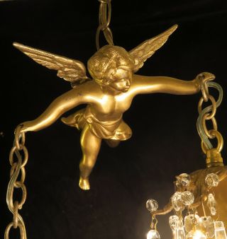 Bronze Vintage Chandelier Swag French Lamp Flying Cherub Brass Crystal beaded 5