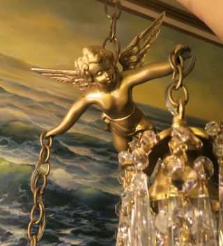 Bronze Vintage Chandelier Swag French Lamp Flying Cherub Brass Crystal beaded 6