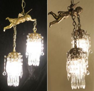 Bronze Vintage Chandelier Swag French Lamp Flying Cherub Brass Crystal beaded 7