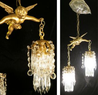 Bronze Vintage Chandelier Swag French Lamp Flying Cherub Brass Crystal beaded 8