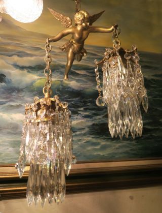 Bronze Vintage Chandelier Swag French Lamp Flying Cherub Brass Crystal beaded 9