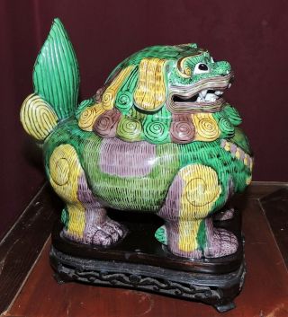 Antique Chinese Porcelain Fu Foo Dog Incense Burner Figurine Statue Carved Base 3