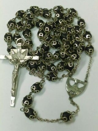 Vintage Heirloom Sterling Rosary Silver End Capped Black Glass Filigree Beads