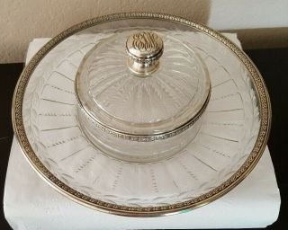 Sterling Silver And Crystal 9 1/2 " Plate With Attached Center Dish W/lid