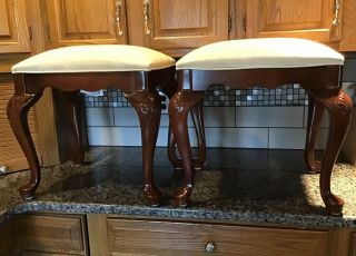 (2) Stanley Furniture Queen Anne Vanity Bench Stools Cherry Wood Ivory Padded 20”