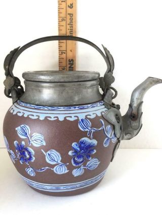 Signed Chinese Antique Yixing Stoneware Pewter Teapot