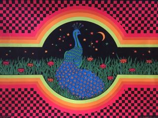 Vintage Black Light Poster Optical Garden Pin - Up Peacock 1970 Psychedelic Oki