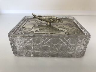 Vintage Engraved Silver And Glass Fish Condiment Pate Dish Stamped Hb
