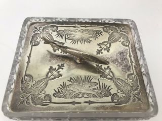 Vintage Engraved Silver And Glass Fish Condiment Pate Dish Stamped HB 2