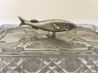 Vintage Engraved Silver And Glass Fish Condiment Pate Dish Stamped HB 3