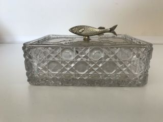 Vintage Engraved Silver And Glass Fish Condiment Pate Dish Stamped HB 8
