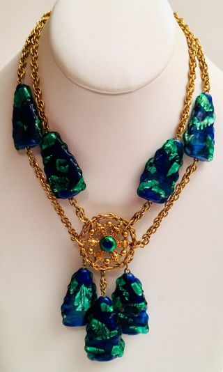 Vintage Stunning Foil Peacock Art Glass Gold Tone Runway Necklace 17 Inches Long