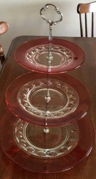 Rare Vintage Indiana Tiffin Kings Crown Ruby Flashed 3 - Tier Tidbit Server Party