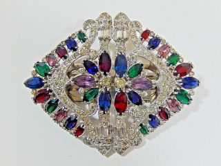 Magnificent Art Deco Duet Jewel Color Marquise White Rhinestone 3 Pce Brooch Pin