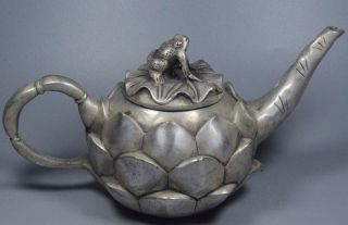 Souvenir Ancient Old Collectable Miao Silver Carve Beauty Lotus Frog Lid Tea Pot 2