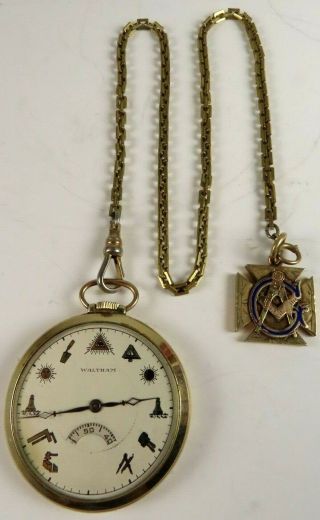 Antique Waltham Pocket Watch With Masonic Symbols And Masonic Chain 1928