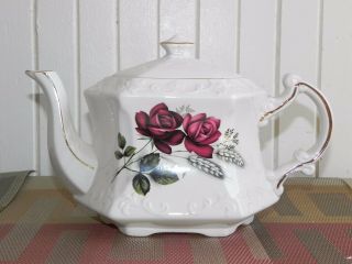 Vintage Ellgreave Wood & Sons England Ironstone Six Sided Teapot Pink Roses