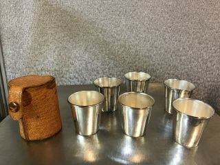 Set Of 6 Vintage Sterling Silver Shot Jigger Cups In Leather Pouch