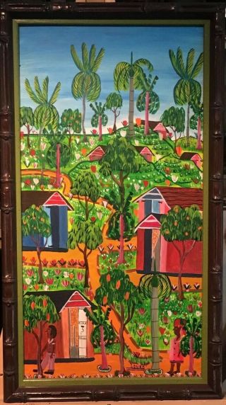 Vintage Haitian Painting Color Bamboo Style Frame