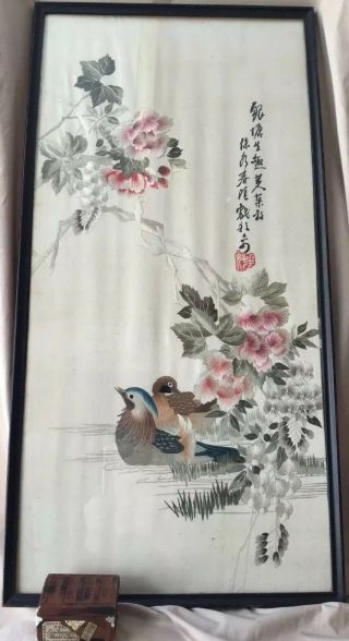Antique Chinese Silk Hand Embroidery Peony Wisteria Duck Water Signed 15x31