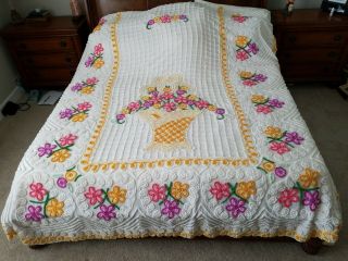 Vintage Chenille Bedspread Flower Basket Hearts Design 95 " X105 "