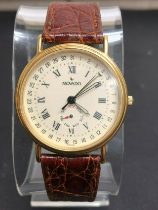 Movado Esq 87 - 06 - 885 K Calendar Day/date Gold Tone Watch W/leather Band