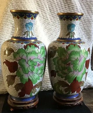 Vintage Cloissone Enamelled Vases - 8 Inches High With Wooden Stands
