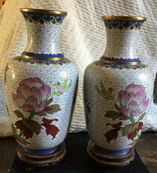vintage Cloissone Enamelled Vases - 8 Inches High with wooden stands 2