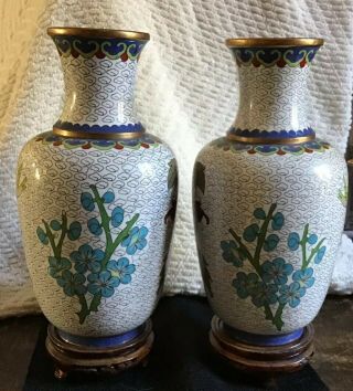 vintage Cloissone Enamelled Vases - 8 Inches High with wooden stands 4