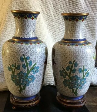 vintage Cloissone Enamelled Vases - 8 Inches High with wooden stands 5