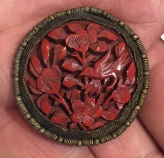 Antique Chinese Carved Cinnabar Clip Brooch Pin Bird Flowers Qing Gold Filigree