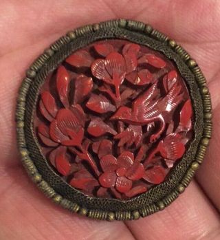 Antique CHINESE carved CINNABAR Clip Brooch Pin Bird Flowers Qing Gold Filigree 3