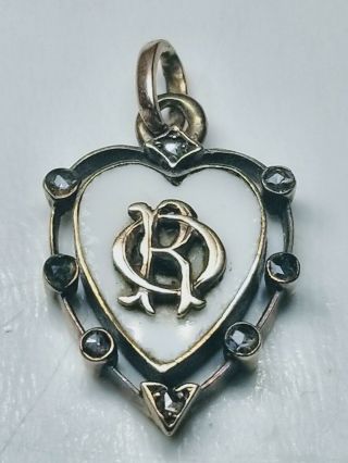 Antique Fine 14k Gold And Enamel Heart With Eight 0.  02ct Diamonds Pendant