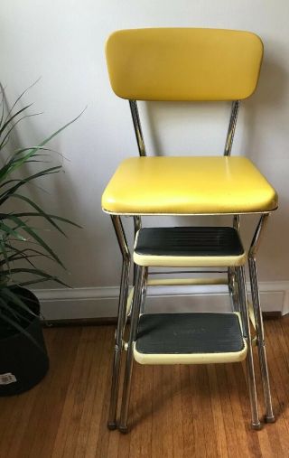 Vintage Cosco Step Stool Yellow With Chrome Legs Retractable Step